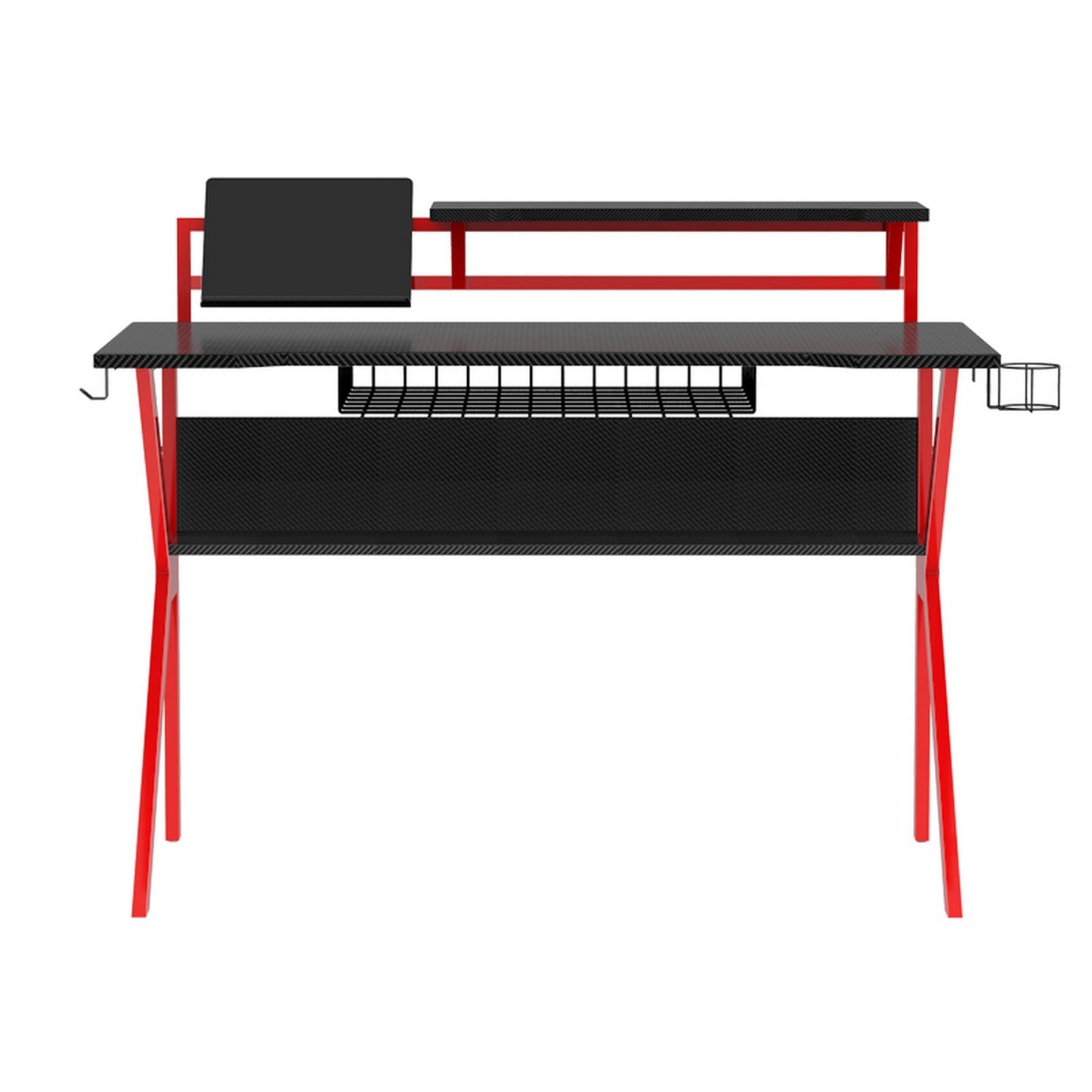 Ergonomic Gaming Desk with Black and Red Metal Frame and PVC Coating