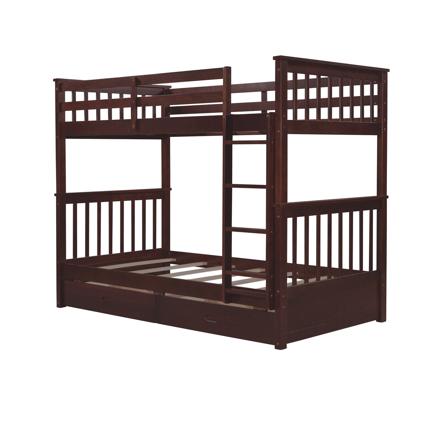 Twin Bunk Bed with Storage Drawers and Ladders in Espresso - Space-Efficient Solution