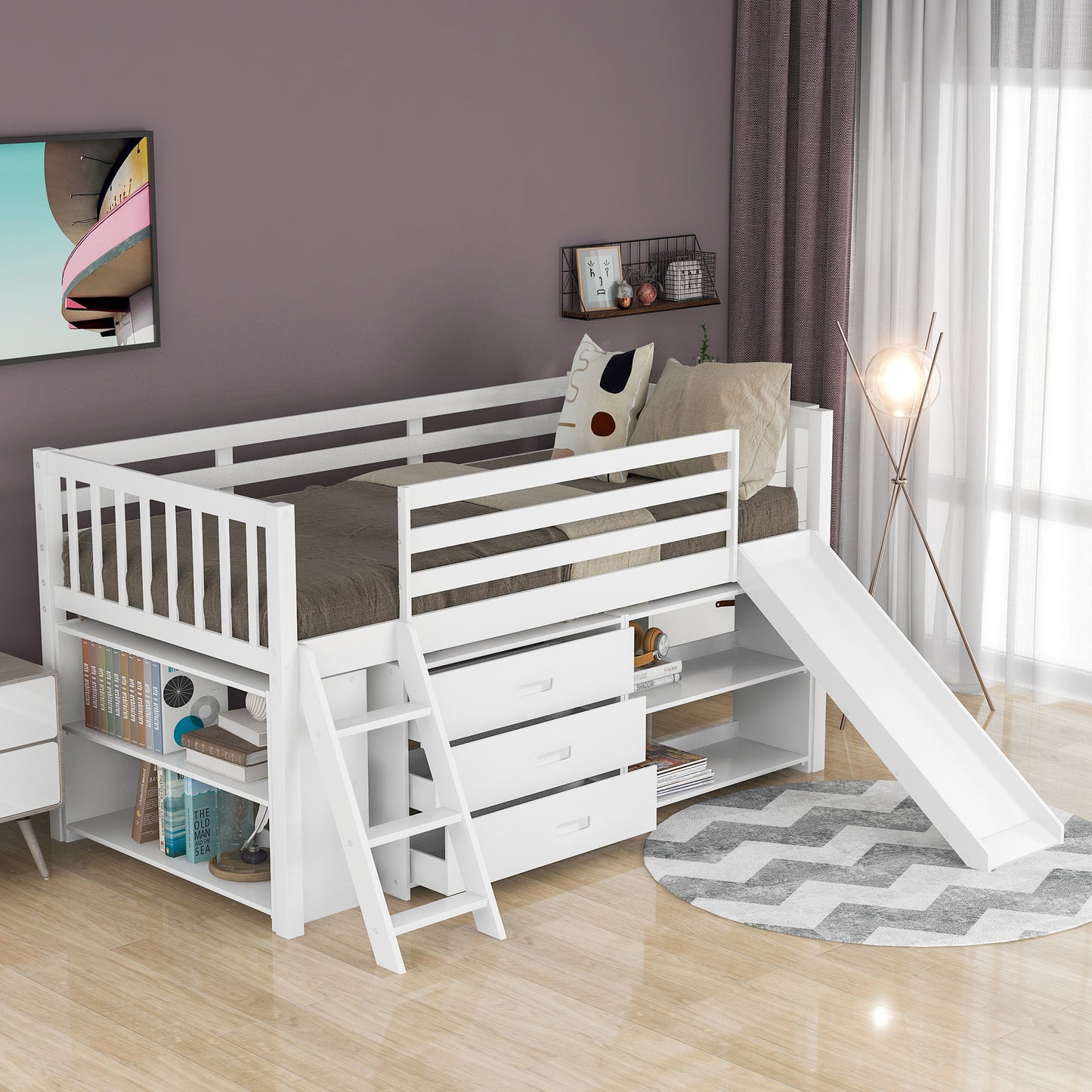 Low Loft Bed with Attached Bookcases and Separate 3-tier Drawers,Convertible Ladder and Slide,Twin,White