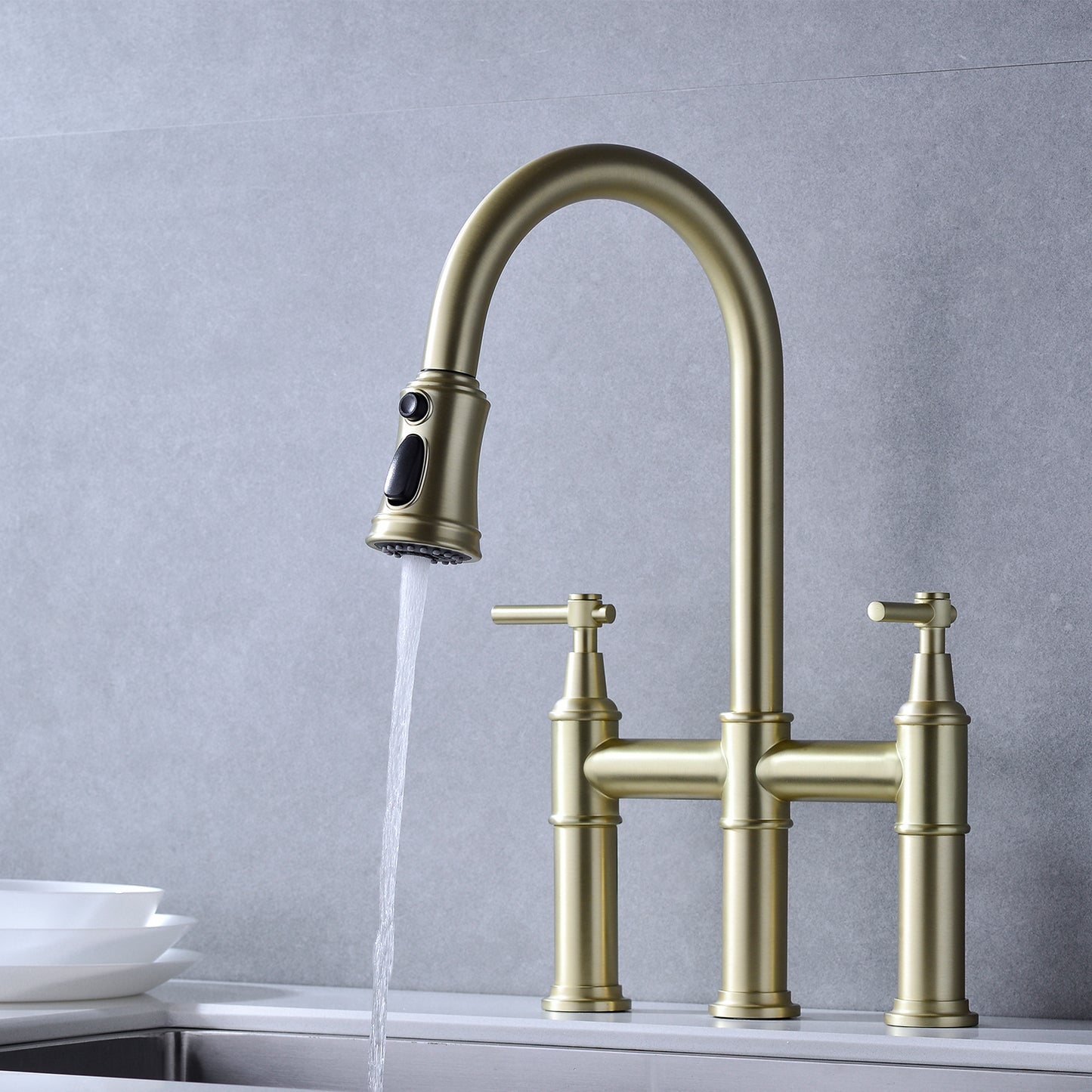 Bridge Kitchen Faucet with Pull-Down Sprayhead in Spot