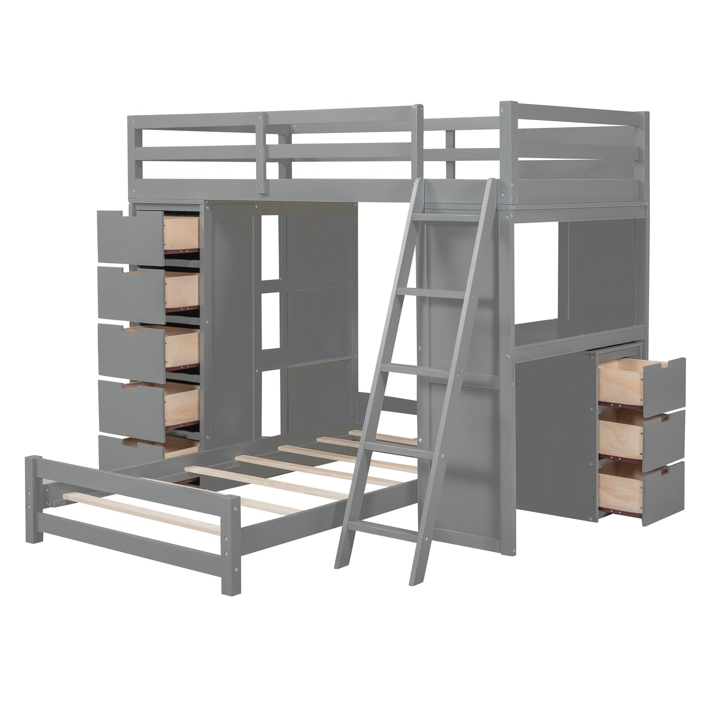 Twin Over Twin Gray Bunk Bed with LED Light, USB Ports, and Storage Space