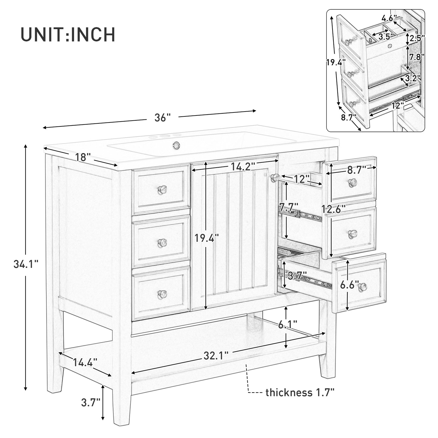 36" Bathroom Vanity with Sink Combo, One Cabinet and Three Drawers, Solid Wood and MDF Board, Blue