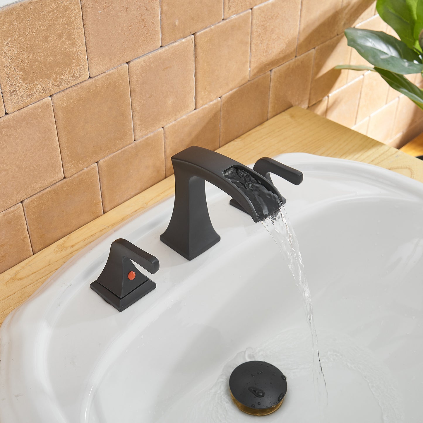 Matte Black Waterfall Bathroom Sink Faucet with 2 Handles and 8 in. Width