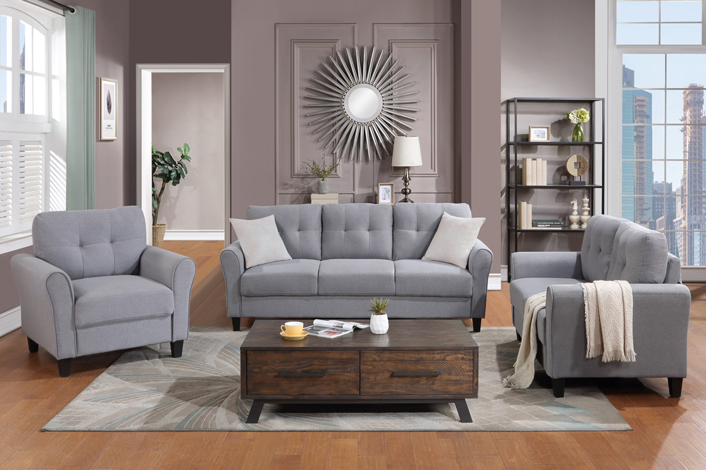 Modern Living Room Sofa Set Linen Upholstered Couch Furniture for Home or Office ,Light Grey-Blue,(1+2+3-Seat)