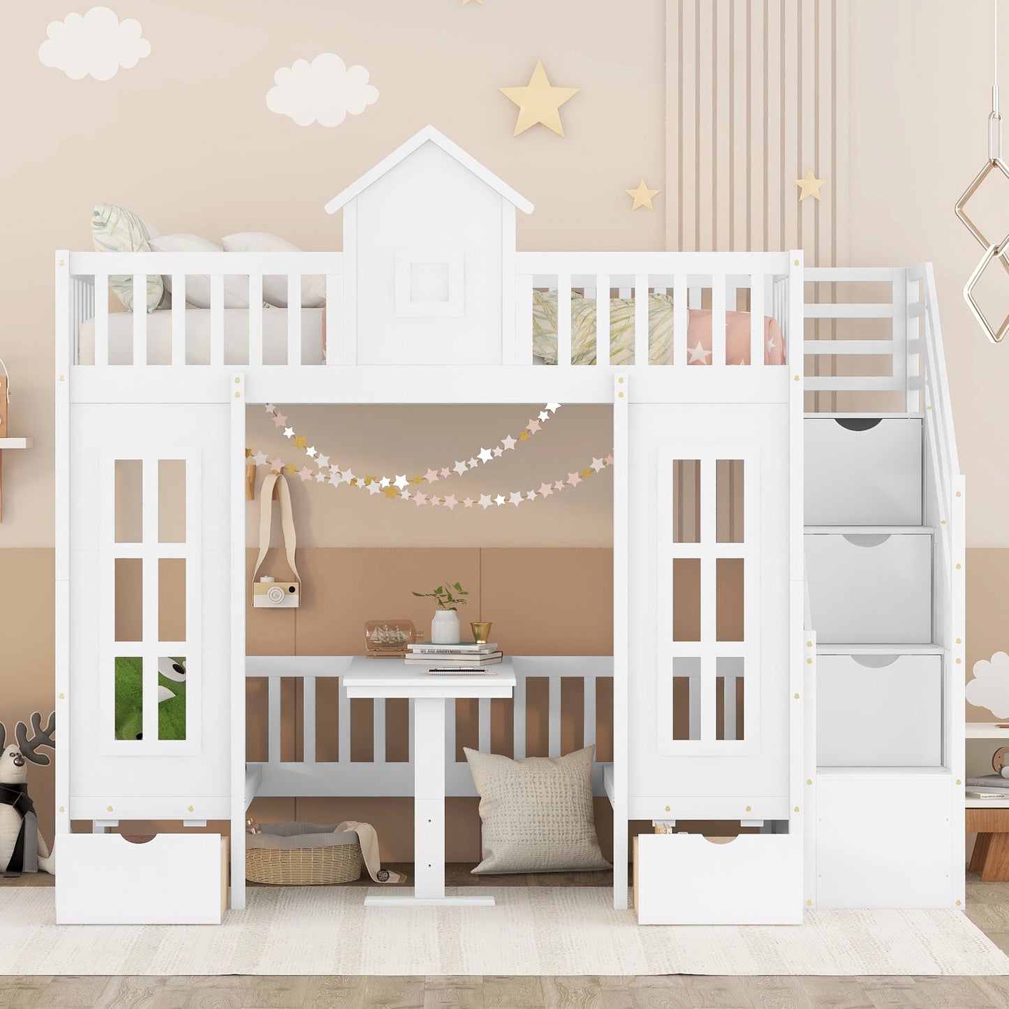 Convertible Twin Bunk Bed with Changeable Table - White - Versatile & Stylish Twin Over Twin Loft Bed