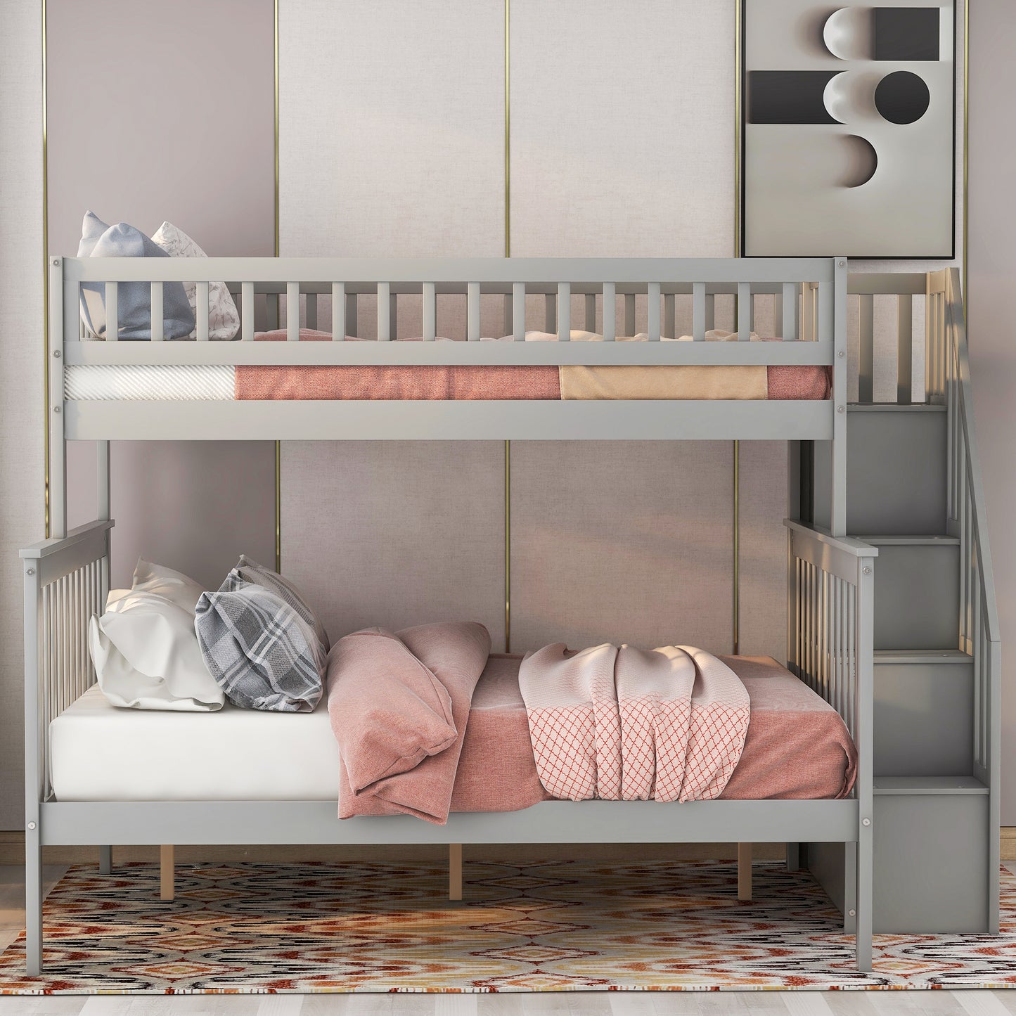 Gray Twin Over Full Storage Bunk Bed with Stairway