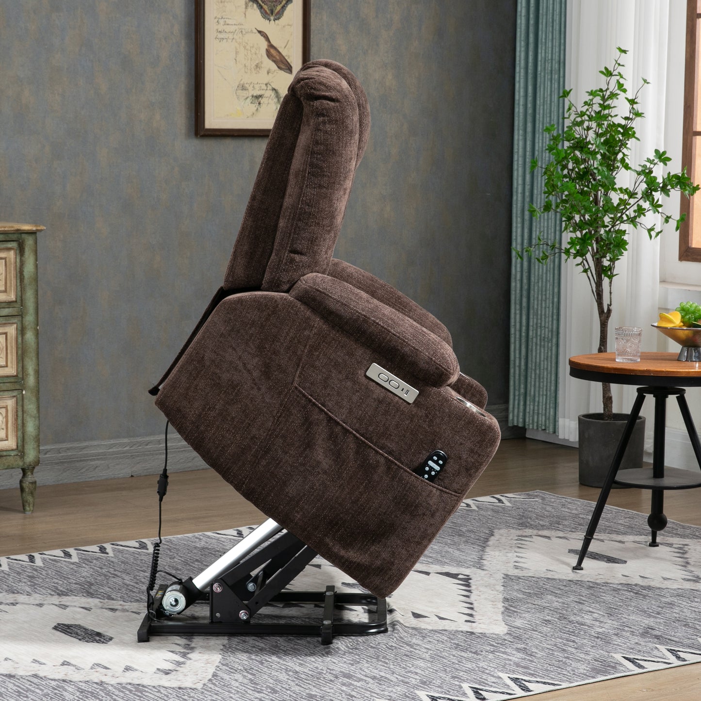 EMON'S Large Power Lift Recliner Chair with Massage and Heat, Overstuffed Wide Recliner with USB and Type C Ports, Brown