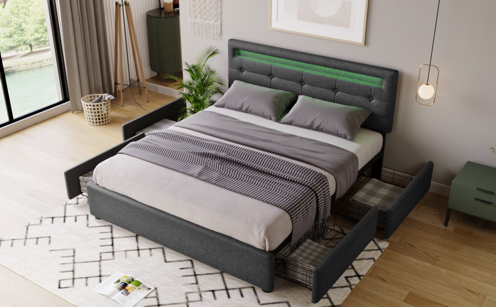 Bed Frame Full Size, Upholstered Platform Bed Frame with 4 Storage Drawers and LED Lights & Adjustable Headboard,No Box Spring Needed,Grey