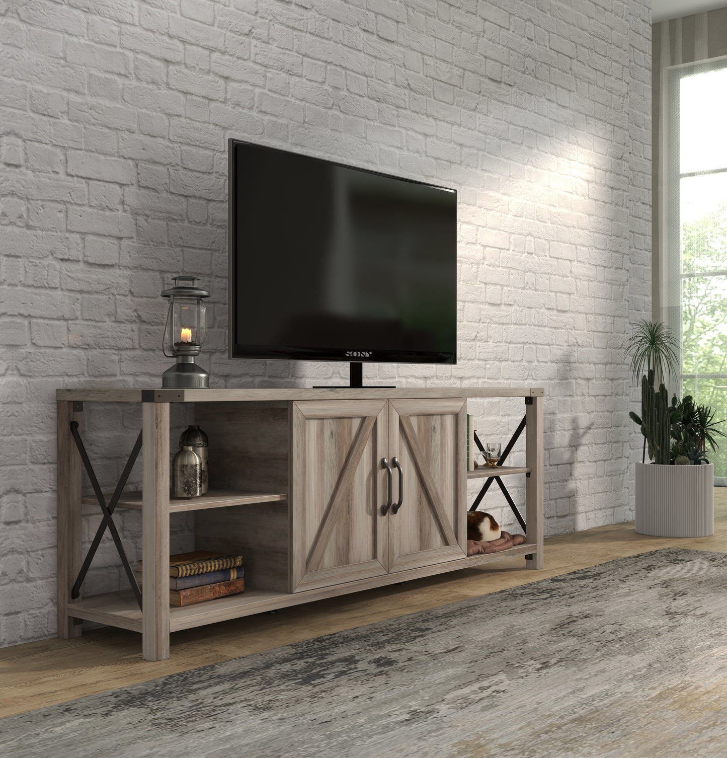 Rustic Grey Walnut TV Stand with Storage Shelves and Cabinets