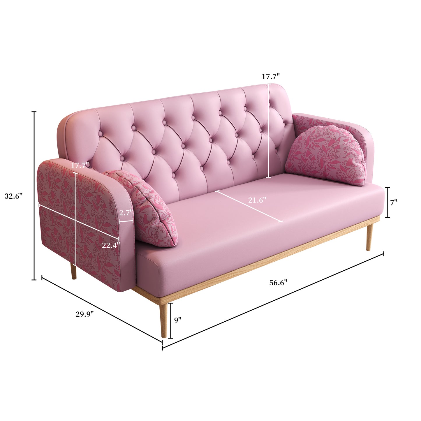 Loveseat sofa with tulip pattern Modern Upholstered Two Seater PU Sofa with 2 dumpling-shaped throw pillows with tulip patterns