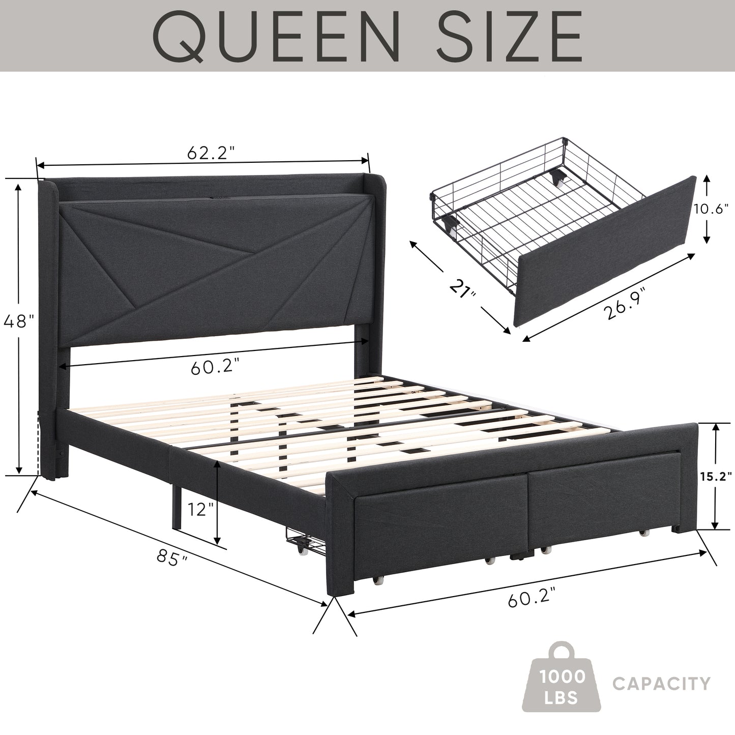 Queen Size Bed Frame with 2 Storage Drawers, Upholstered Bed Frame with Wingback Headboard Storage Shelf Built-in USB Charging Stations and Strong Wood Slats Support, No Box Spring Needed, Dark Gray