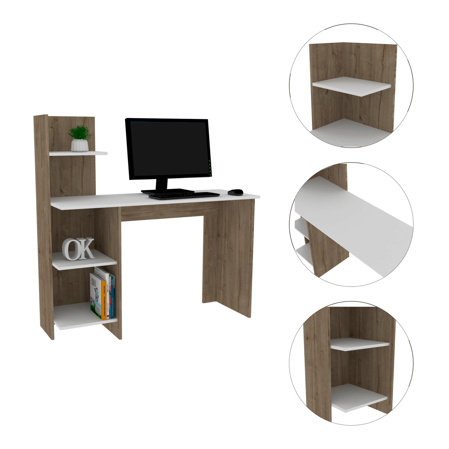 Vilna 120 Writing Desk with Four Shelves in Light Oak/White