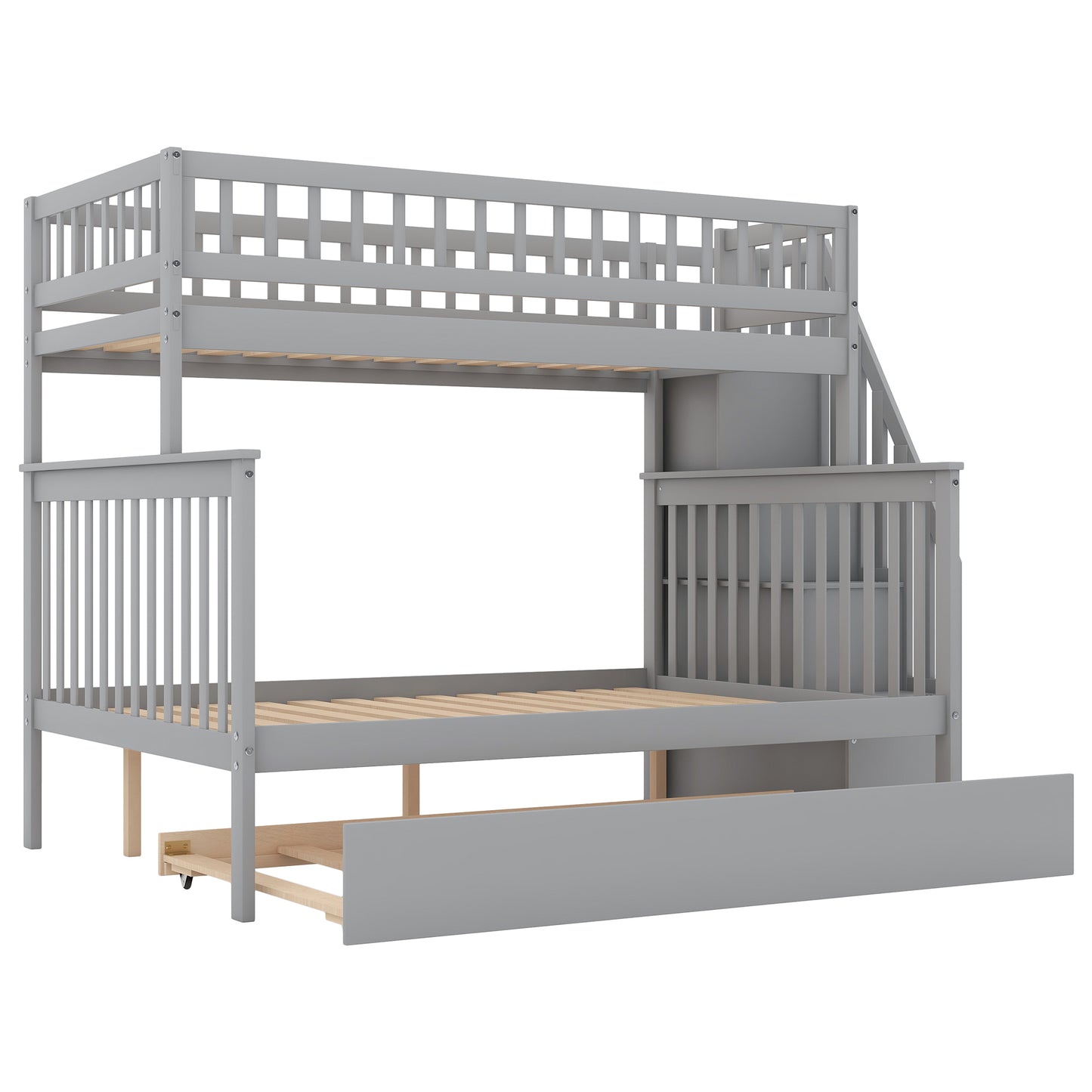 Gray Twin over Full Bunk Bed Set with Trundle, Staircase, and Storage