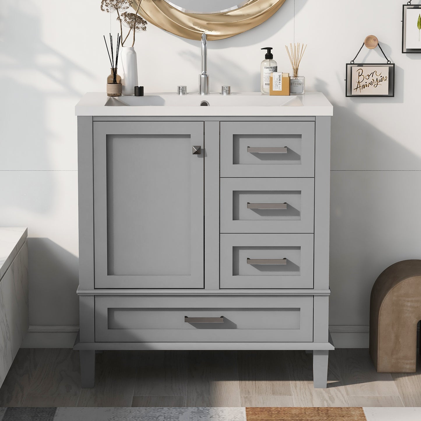 30" Bathroom Vanity , Modern Bathroom Cabinet with Sink Combo Set, Bathroom Storage Cabinet with a Soft Closing Door and 3 Drawers, Solid Wood Frame(Grey)