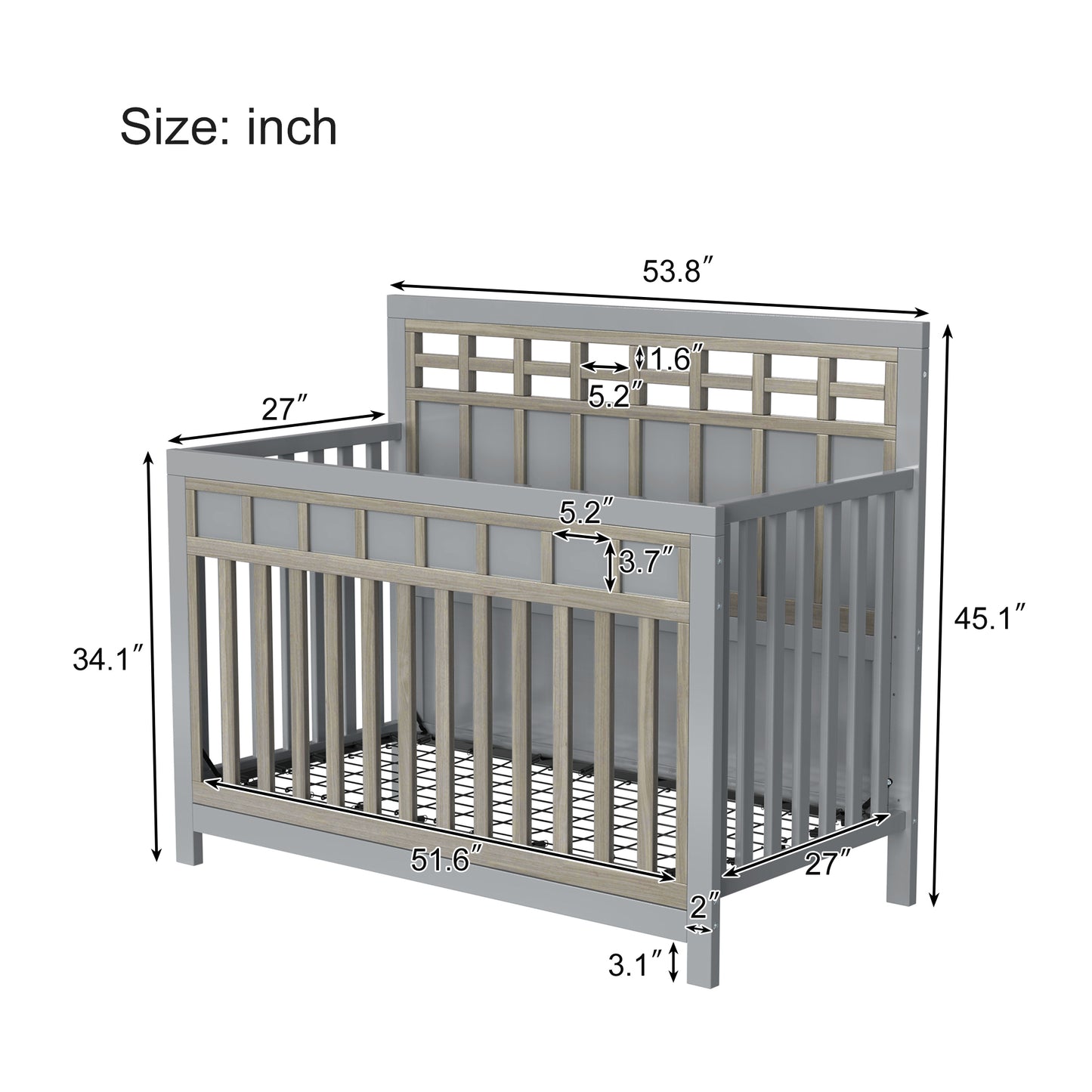 3 Pieces Nursery Sets Baby Crib and Changer Dreeser with Removable Changing Tray Bedroom Sets Gray