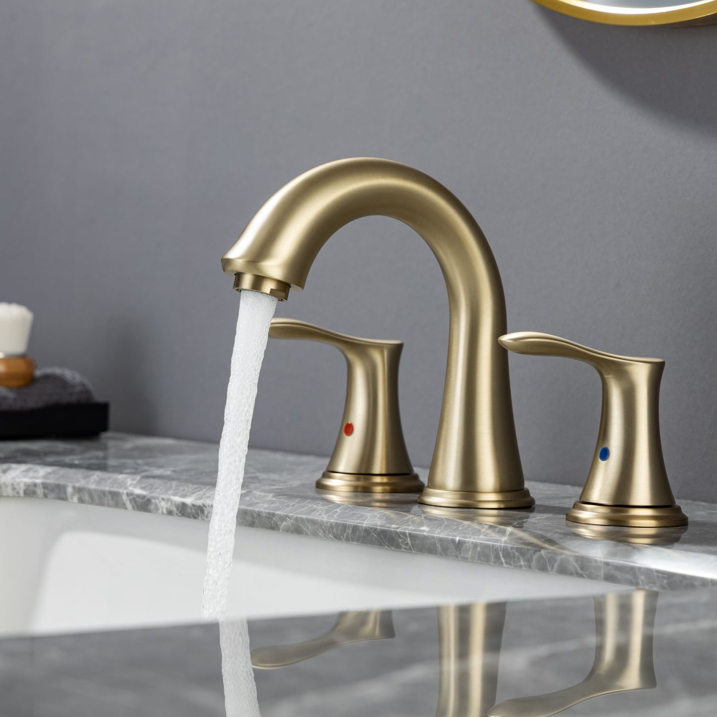 Modern Brushed Gold Widespread Bathroom Faucet Complete With Drain Assembly