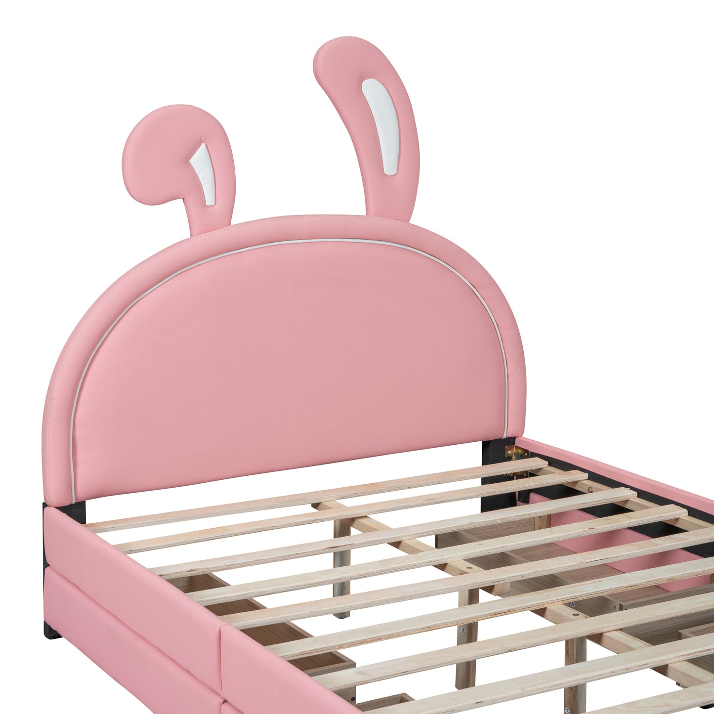 Full Size Upholstered Leather Platform Bed with Rabbit Ornament and 4 Drawers, Pink