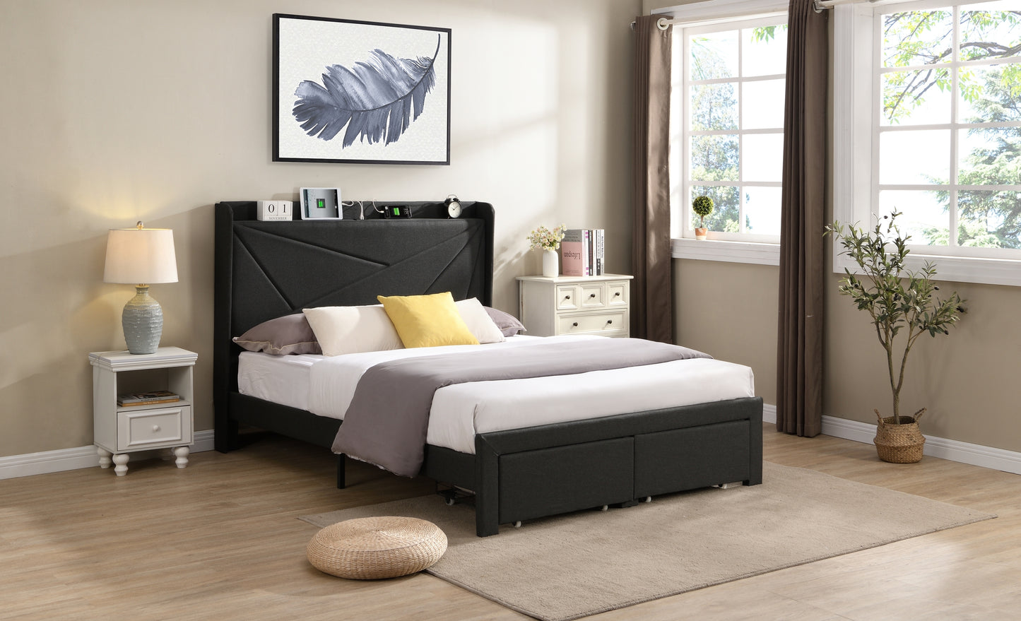 Full Size Bed Frame with 2 Storage Drawers, Upholstered Bed Frame with Wingback Headboard Storage Shelf Built-in USB Charging Stations and Strong Wood Slats Support, No Box Spring Needed, Dark Gray