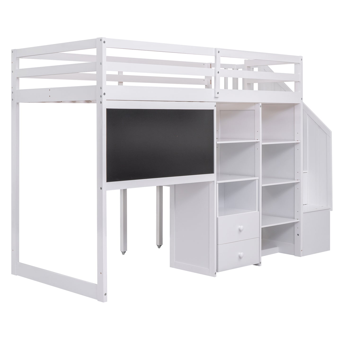 Twin Size Loft Bed with Pullable Desk and Storage Shelves,Staircase and Blackboard,White