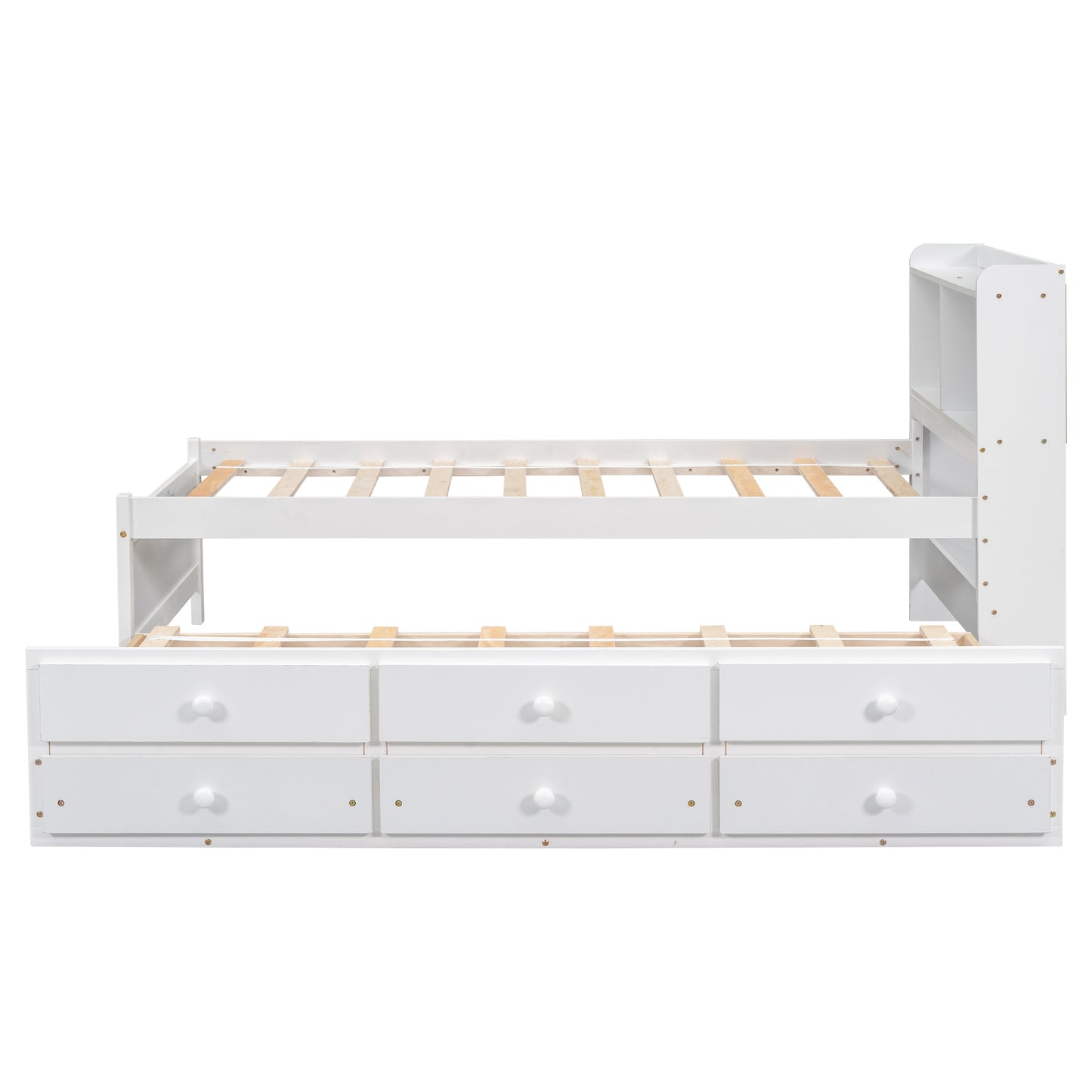 Twin Size Bed with  built-in USB ,Type-C Ports, LED light, Bookcase Headboard, Trundle and 3 Storage Drawers, Twin Size Bed with  Bookcase Headboard, Trundle and Storage drawers  ,White