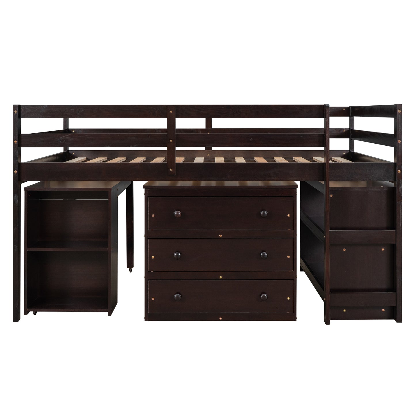 Low Study Full Loft Bed with Cabinet ,Shelves and Rolling Portable Desk ,Multiple Functions Bed- Espresso