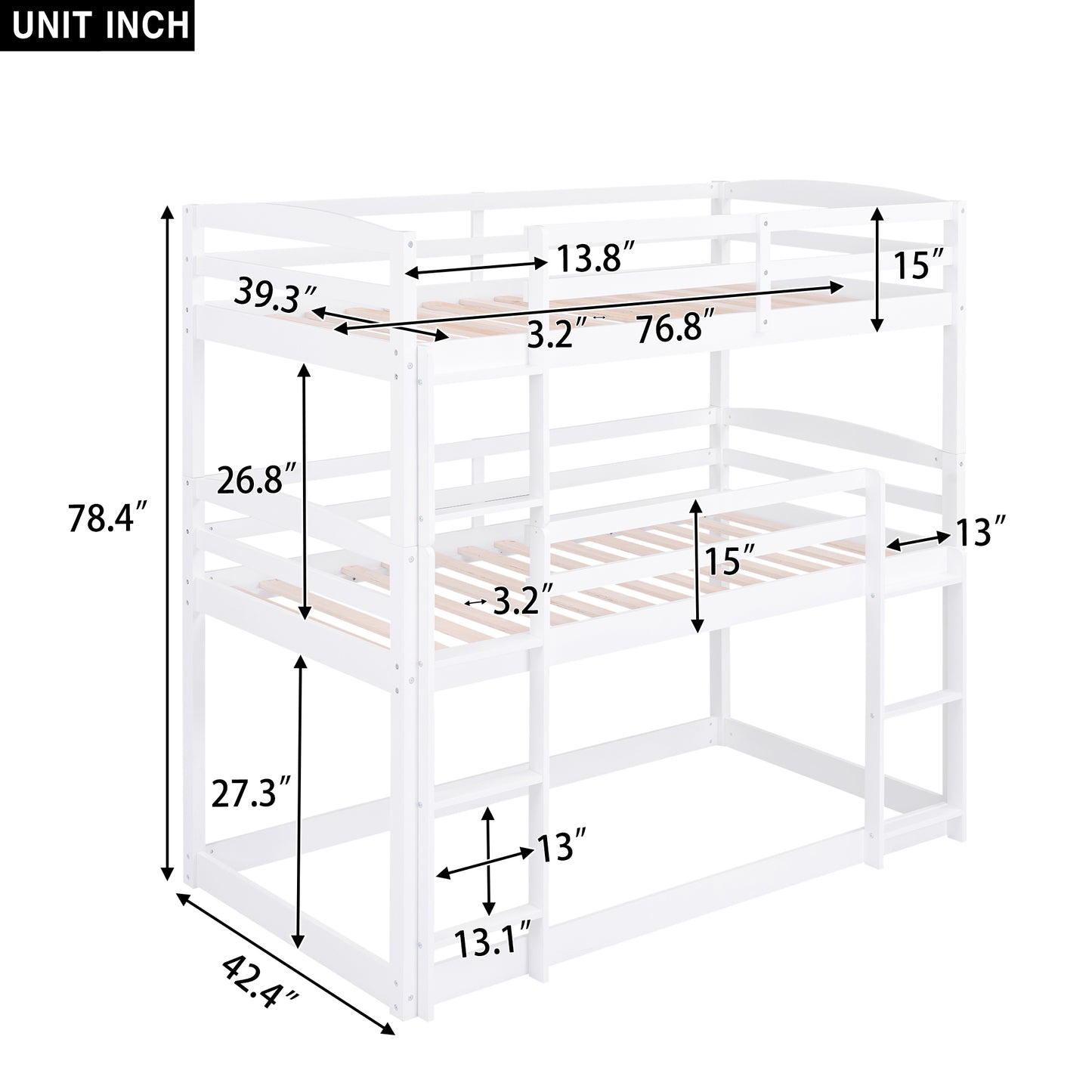 White Triple Bunk Bed with Three Twin Beds