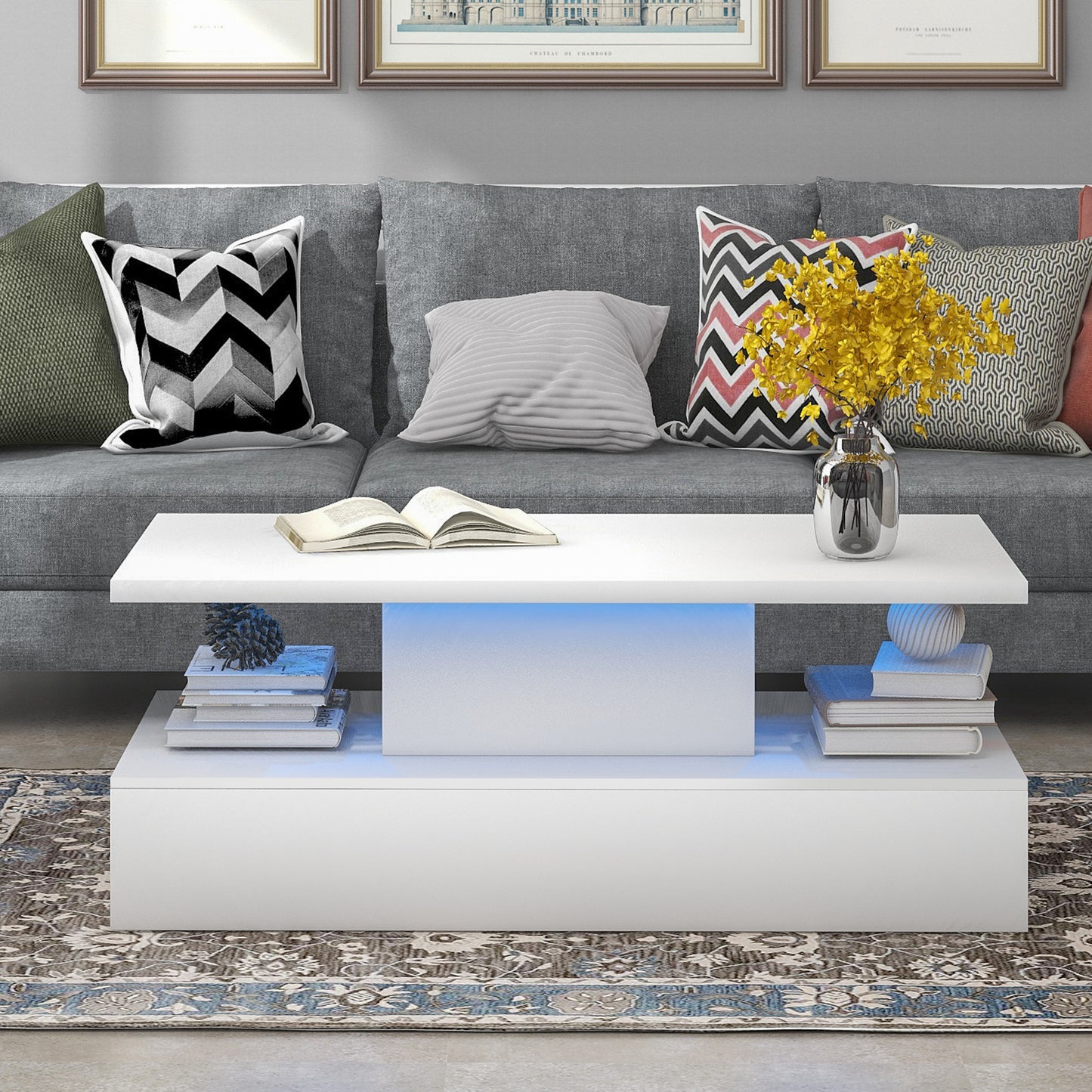 LED Light Coffee Table with 16 Color Options and Remote Control, Modern Industrial Design - White