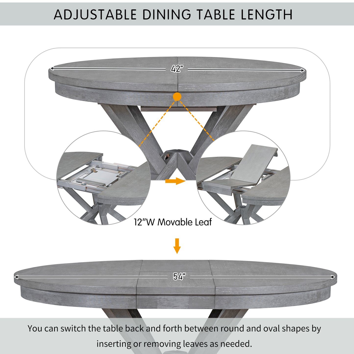 TREXM 5-Piece Retro Functional Dining Table Set Extendable Round Table and 4 Upholstered Chairs for Dining Room and Living Room (Grey)