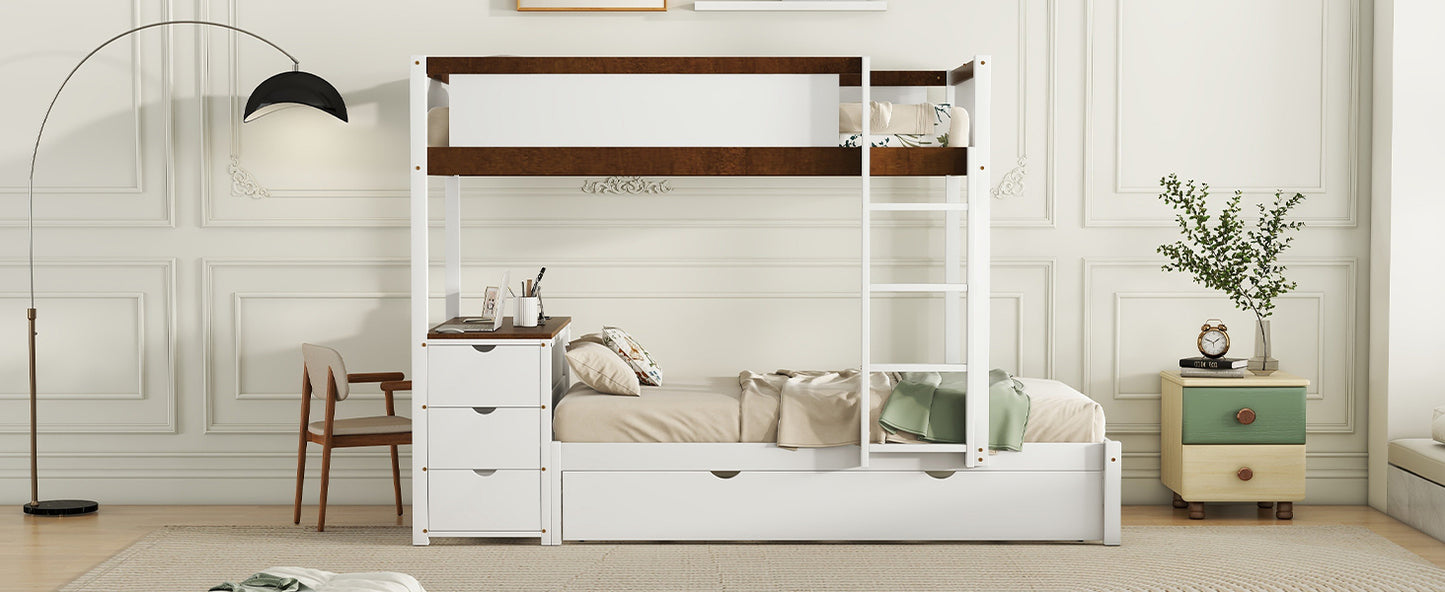 Twin Bunk Bed with Trundle, Storage, Desk, White-Walnut Finish & Maximized Space Storage Solution