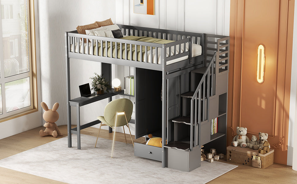 Twin size Loft Bed with Bookshelf,Drawers,Desk,and Wardrobe-Gray