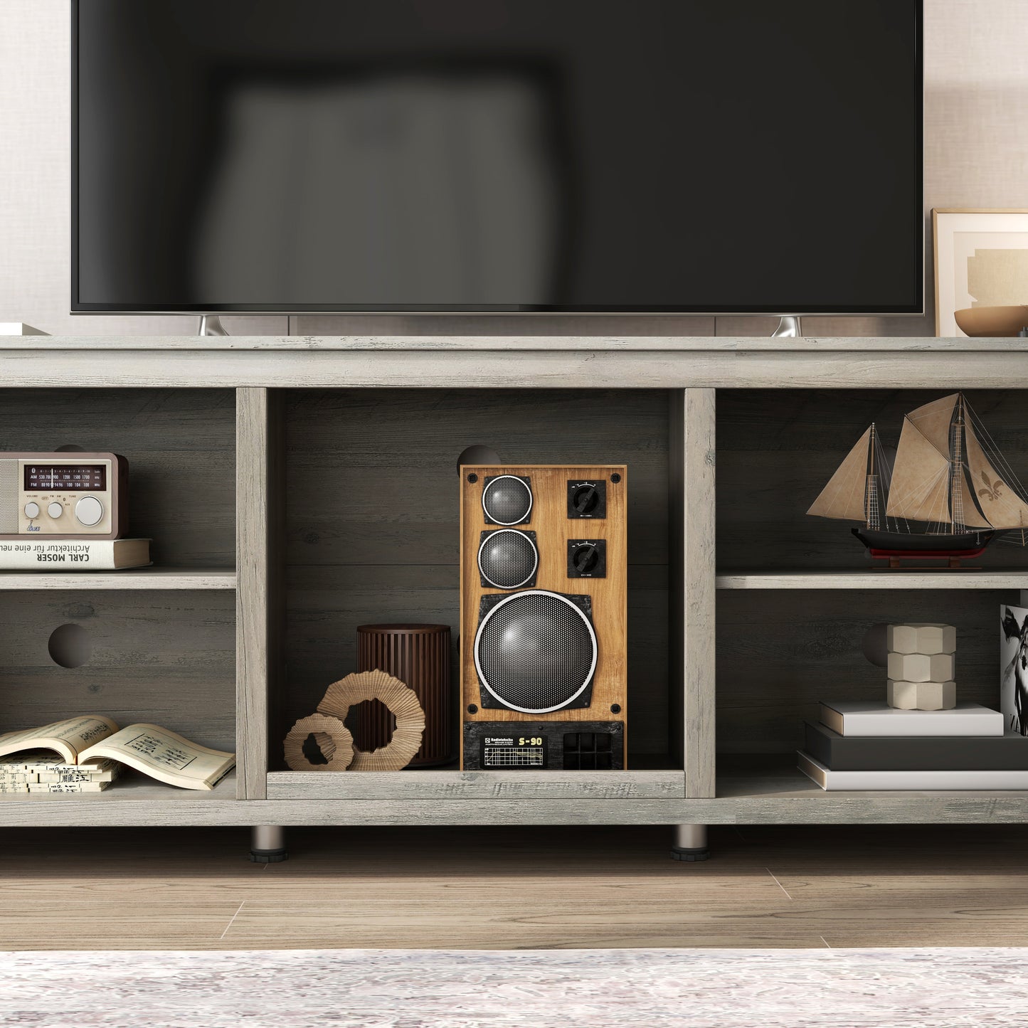 Versatile Industrial Style TV Stand with Spacious Open Storage - Grey Walnut