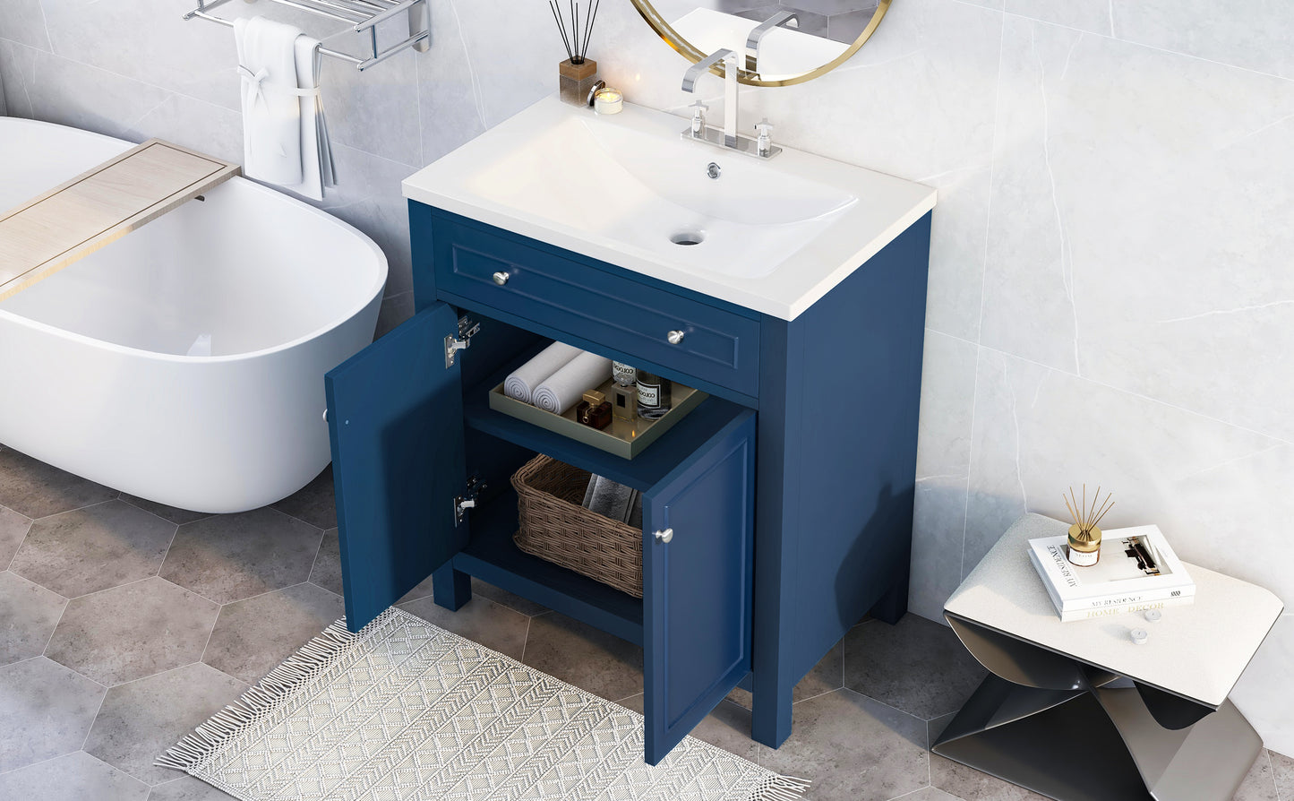 30" Bathroom Vanity Cabinet with Sink Top, Bathroom Storage Cabinet with Two Doors and Adjustable Shelf, Blue