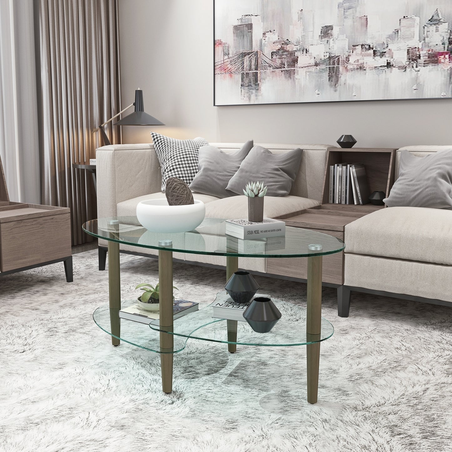 Elegant Transparent Oval Glass Coffee Table with Oak Wood Legs