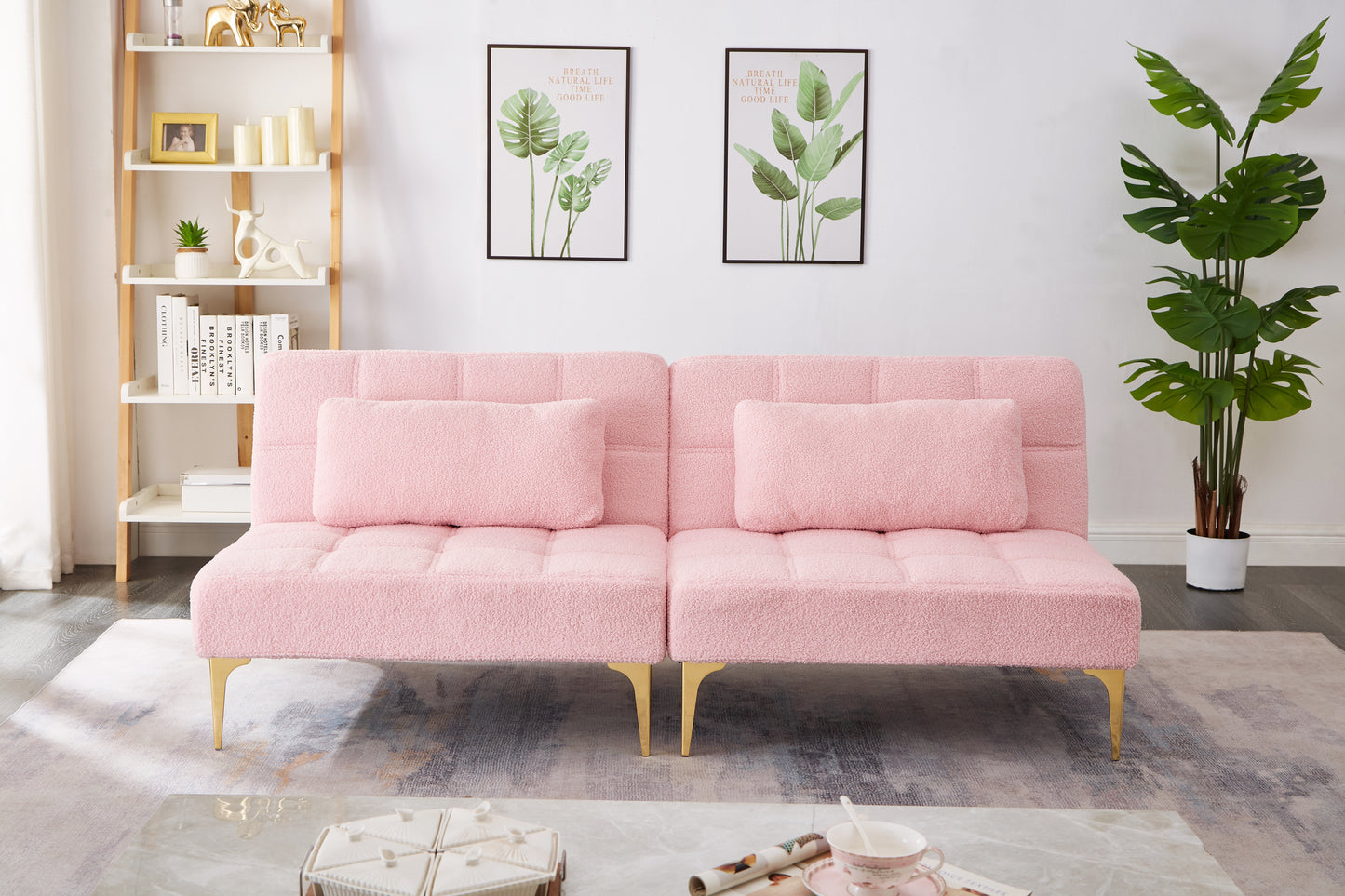 Convertible Pink Teddy Fabric Sofa Bed with Gold Metal Legs