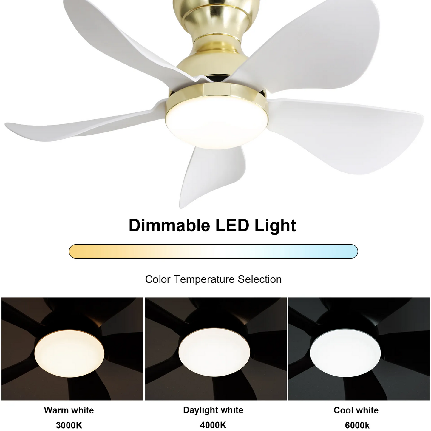 29 Inch Modern Gold Ceiling Fan with Whisper-Quiet Operation and 3-Color LED Light