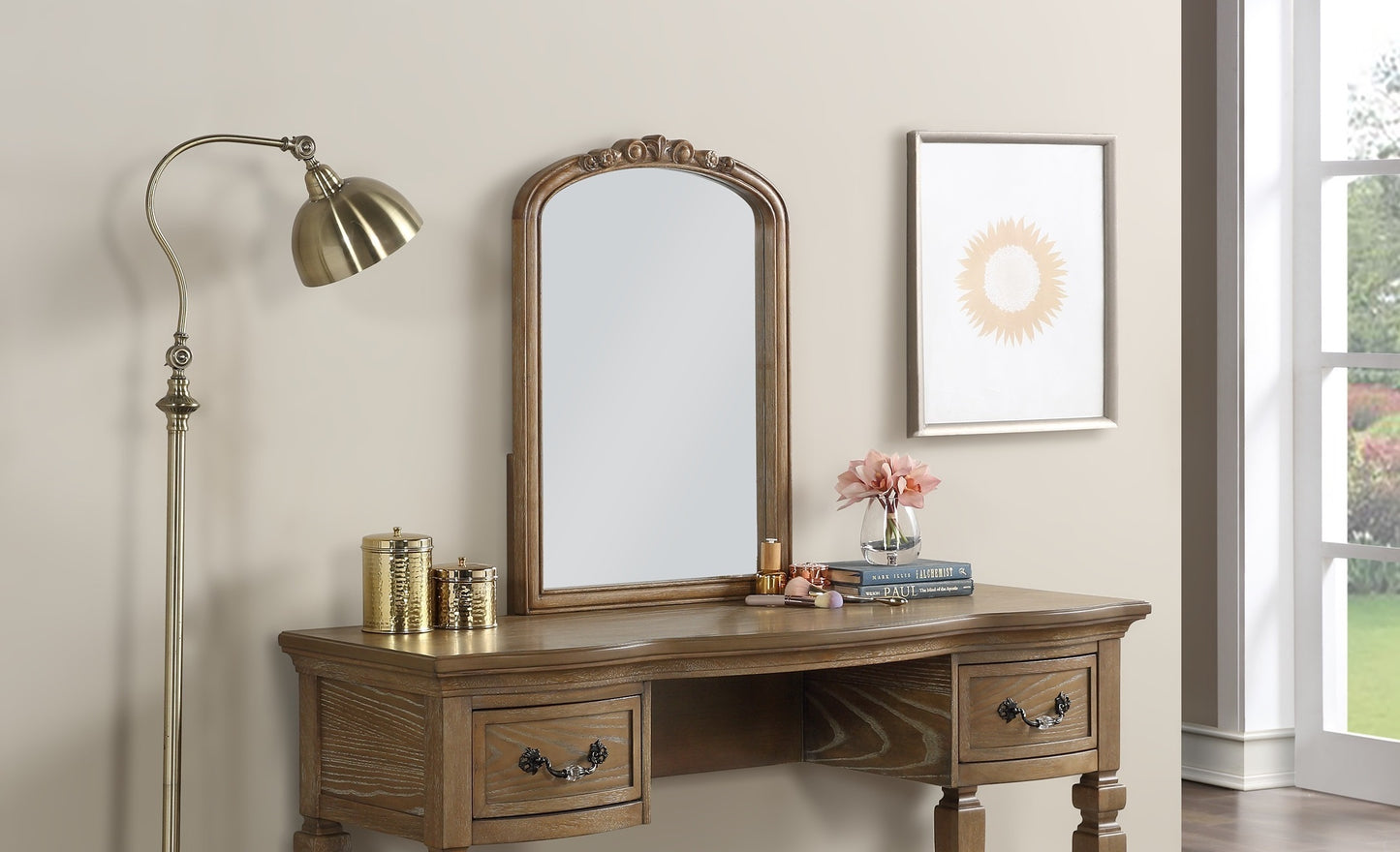 Bedroom Classic Vanity Set Wooden Carved Mirror Stool Drawers Antique Oak Finish