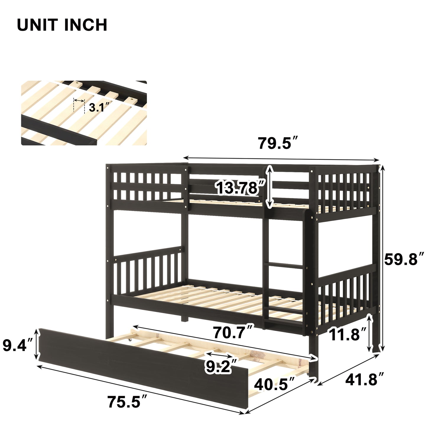 Trio Bunk Bed Set with Trundle, Durable Wood Frame and Safety Enhancements