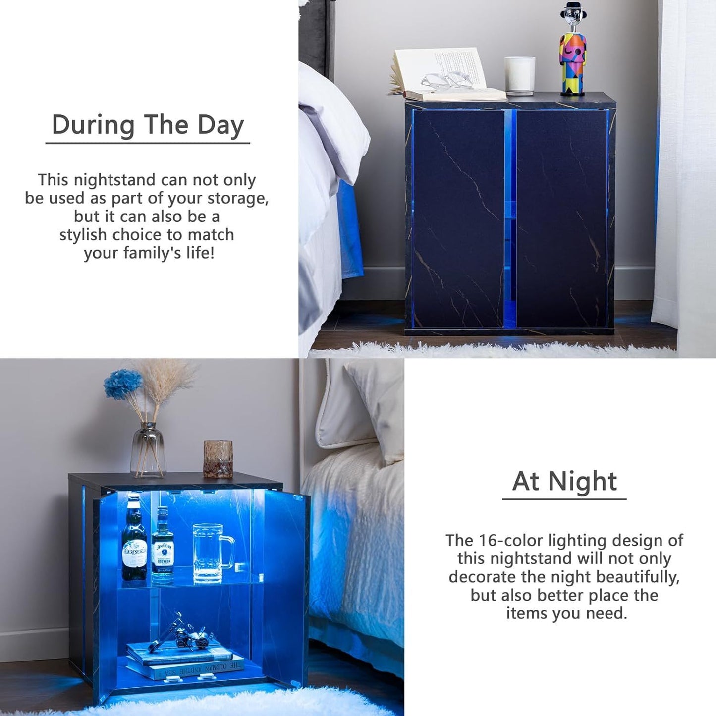 Bedside Tables with LED Farmhouse Gray Nightstand Tables with Glass Shelves Led End Table for Living Room (Blue)