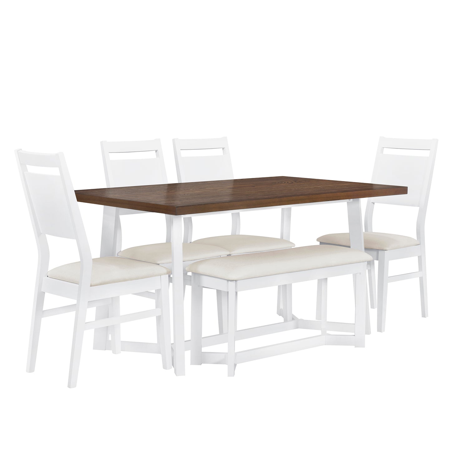 Farmhouse 6-Piece Wood Dining Table Set with 4 Upholstered Chairs and Bench, White