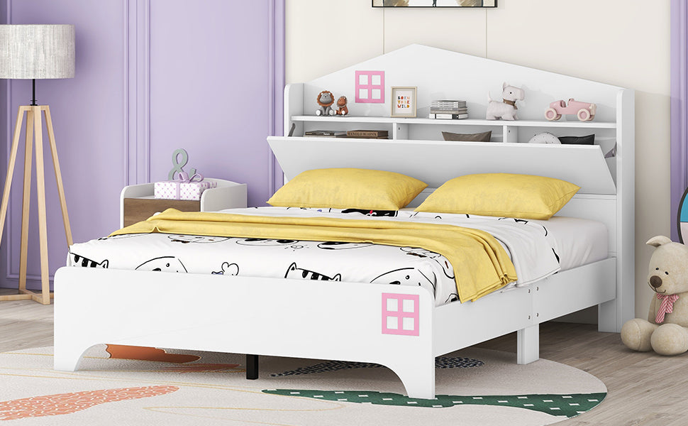 Wooden Full Size House Bed with Storage Headboard ,Kids Bed with Storage Shelf,White