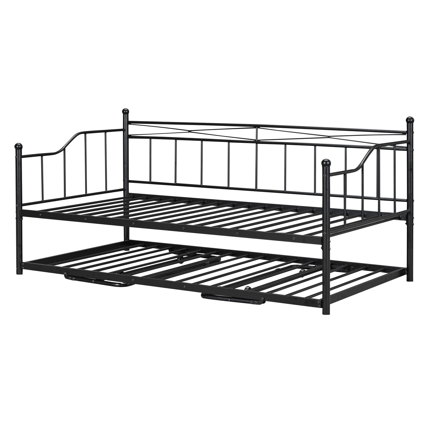 Twin Size Metal Daybed with Twin Size Adjustable Trundle, Portable Folding Trundle, Black