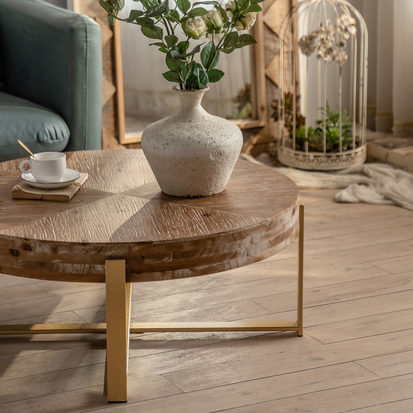 Modern Retro Splicing Round Coffee Table with Gold Cross Legs and Fir Wood Table Top (SKU: W757123559)