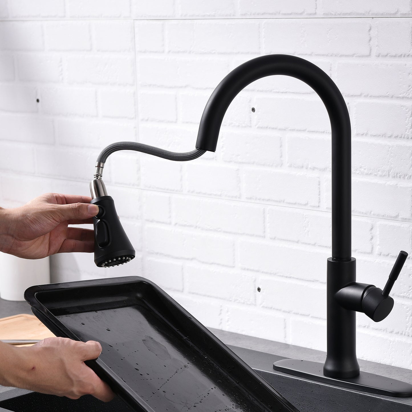 FLG Touch-On Kitchen Faucet with Pull Down Sprayer Single Handle Brass Touch Activated Kitchen Sink Faucet with 2-Way Pull Out Sprayer, Matte Black