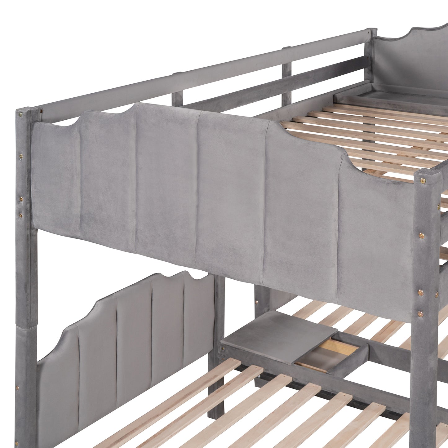 Gray Velvet Triple Bunk Bed with Full Over Twin & Twin, Drawers, Guardrails, and Space-Saving Design