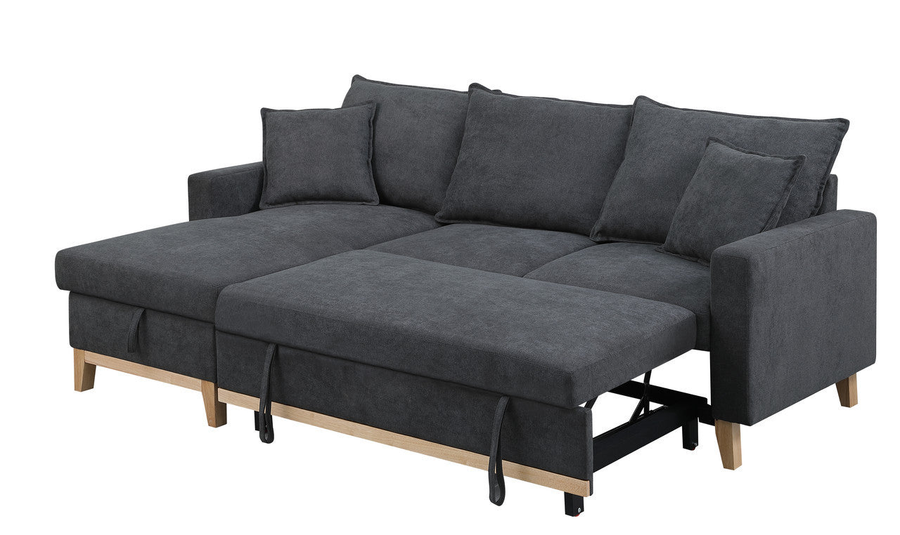 Convertible Dark Grey Upholstered Sleeper Sectional Sofa with Built-In Storage Chaise