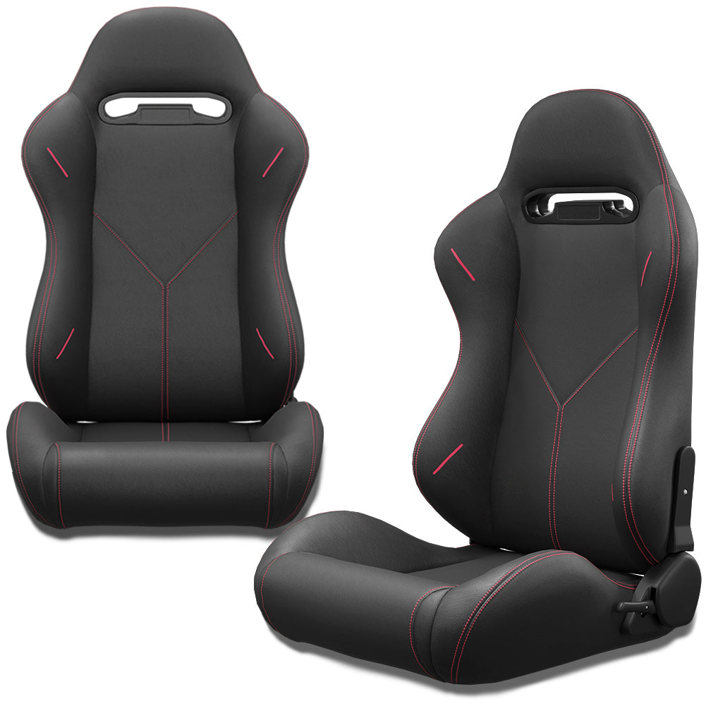 2PC Universal Bucket Racing Seats with Red Stitch and Carbon Look Leather