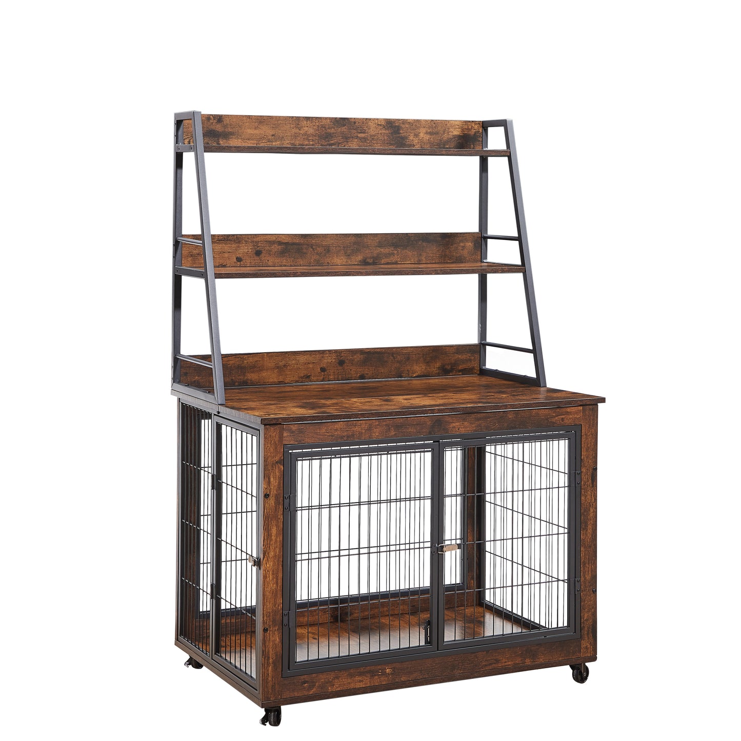 Furniture style dog crate side table with shelves, equipped with double doors and a raised roof. Rustic Brown, 38.58 ''w x 25.5 ''d x 57 ''h