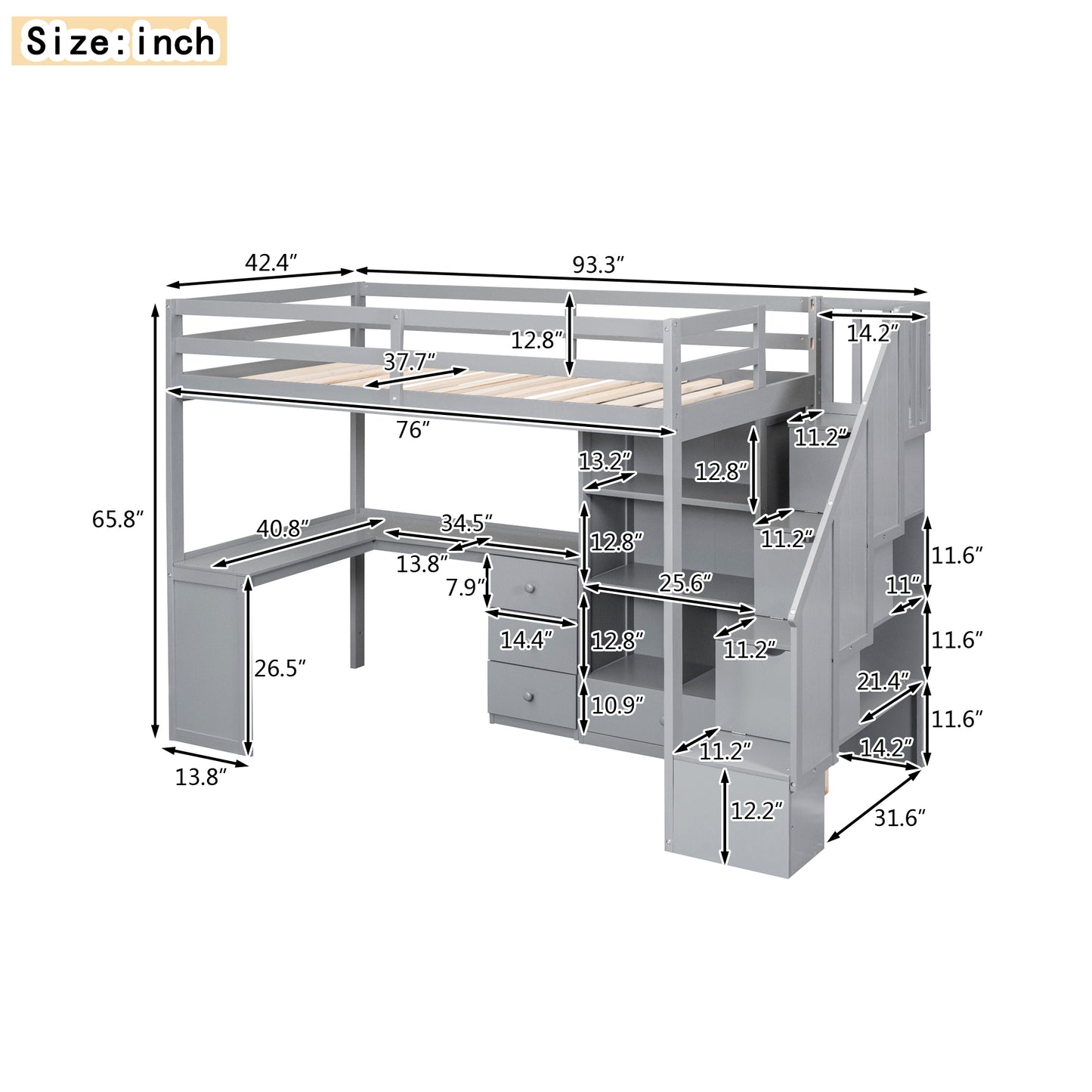 Twin Size Loft Bed with L-Shaped Desk and Drawers, Cabinet and Storage Staircase, Gray