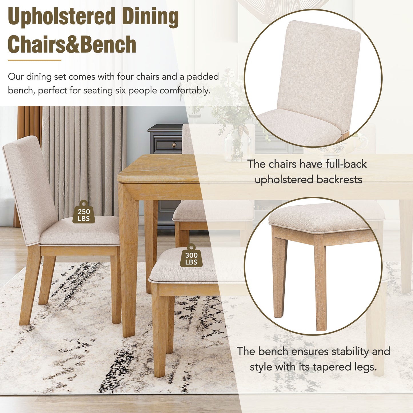 6-Piece Dining Table Set with Upholstered Dining Chairs and Bench,Farmhouse Style, Tapered Legs, Natural+Beige