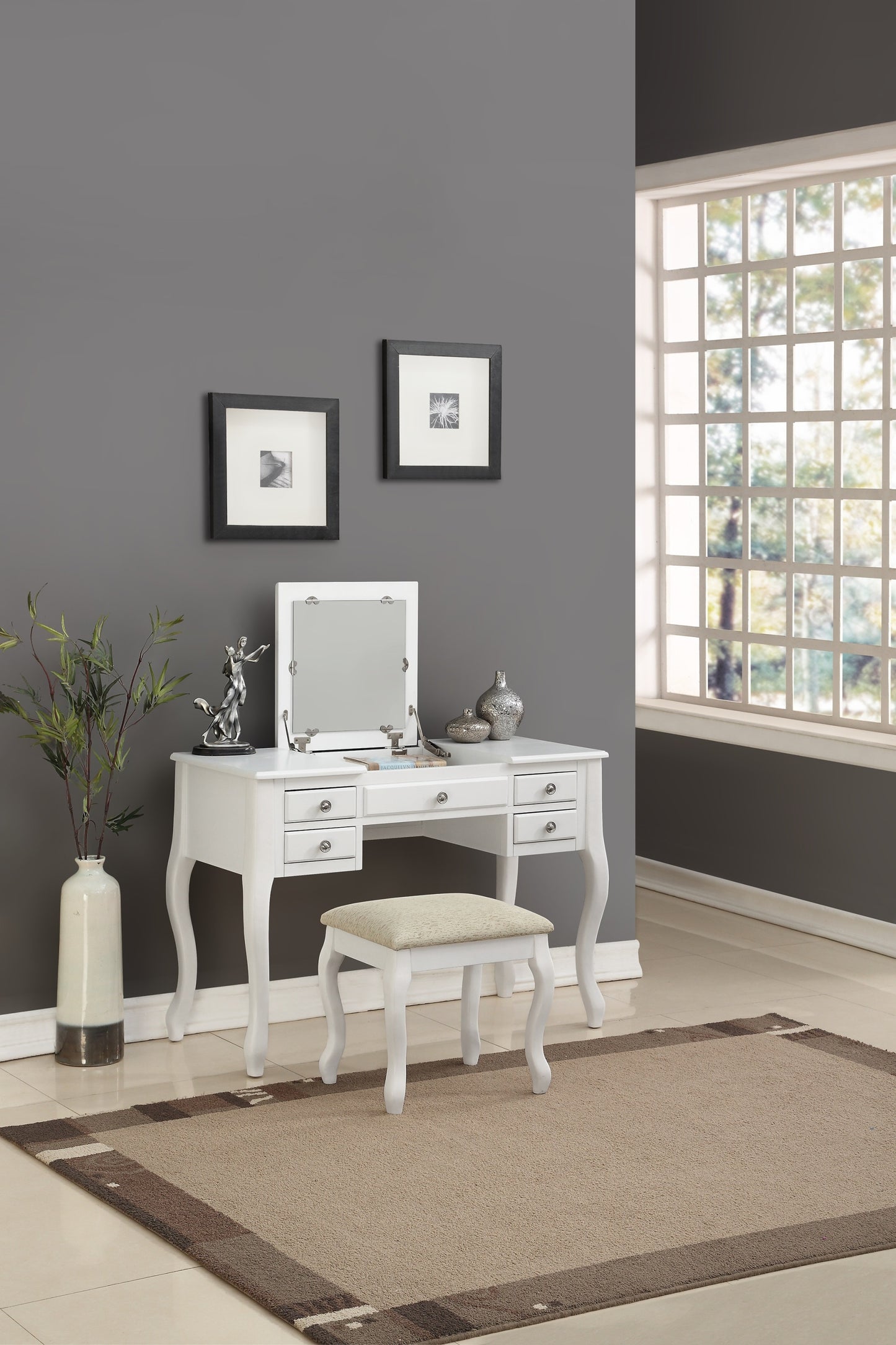 Classic 1pc Vanity Set w Stool White Color Drawers Open-up Mirror Bedroom Furniture Unique Legs Cushion Seat Stool Vanity